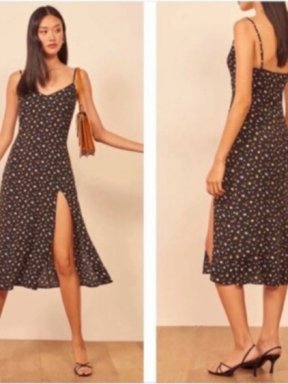 REFORMATION Black Floral Print Crimini Posie High Slit V-Neck Slip-Dress